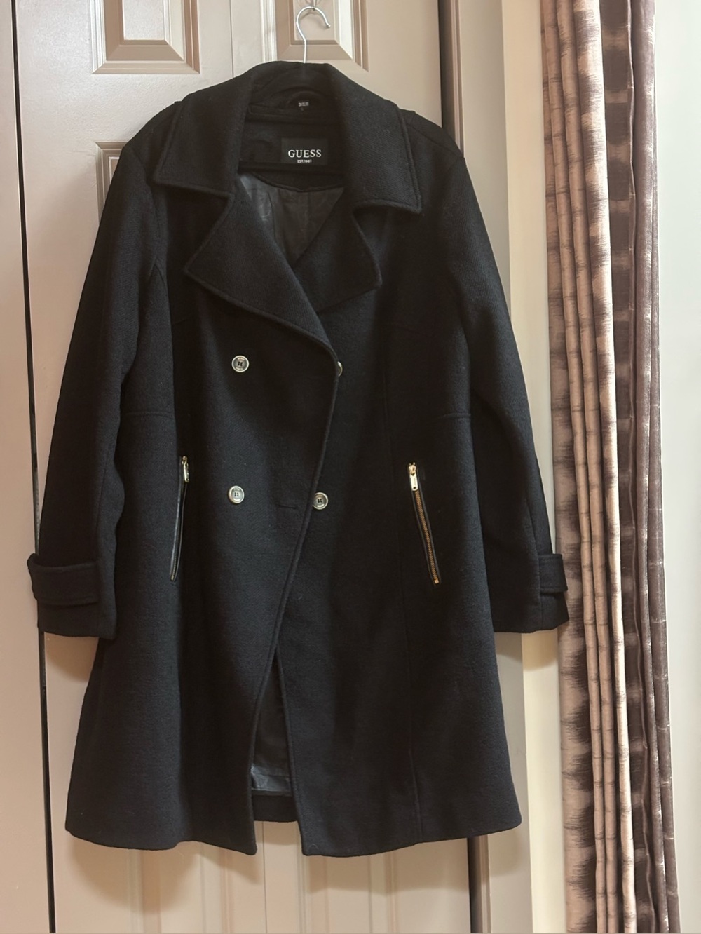 GUESS Black Double-Breasted Pea Coat with Gold Zipper Accents